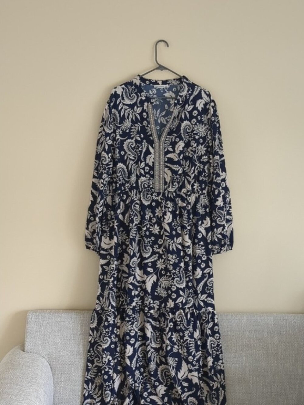 4XL Rusttydustty Blue And Cream Pattern Tiered Maxi Long Sleeve Dress